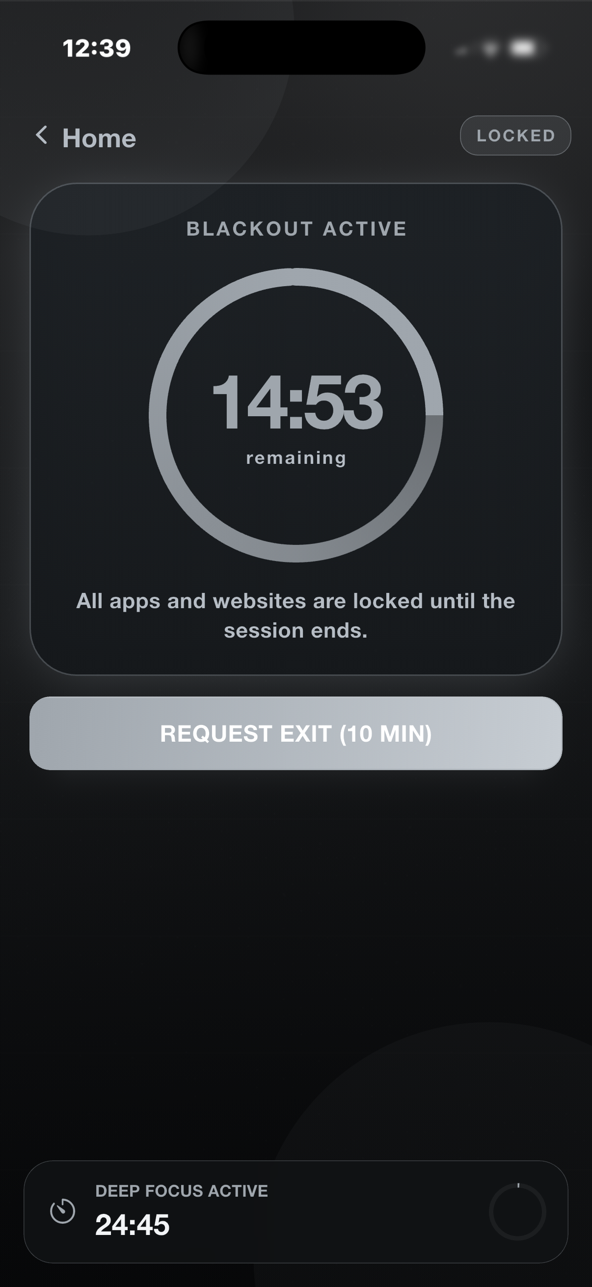 Blackout Active — 14:53 remaining, all apps and websites locked
