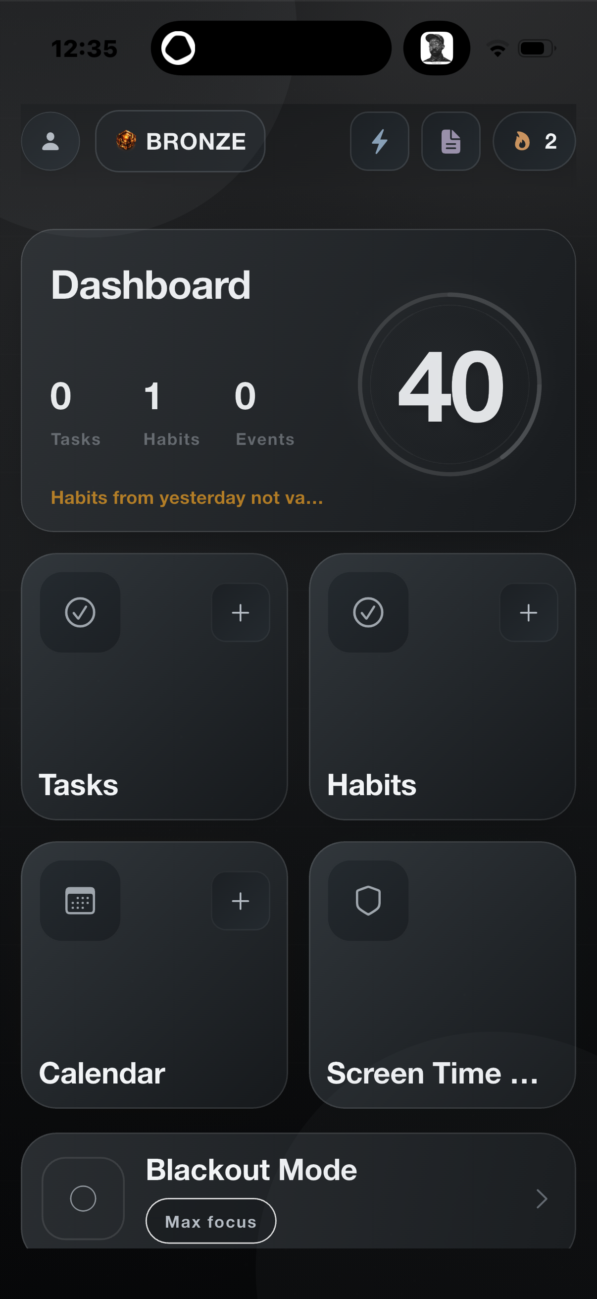 WakeApp Dashboard showing Wake Score, tasks, habits, schedule, and screen time