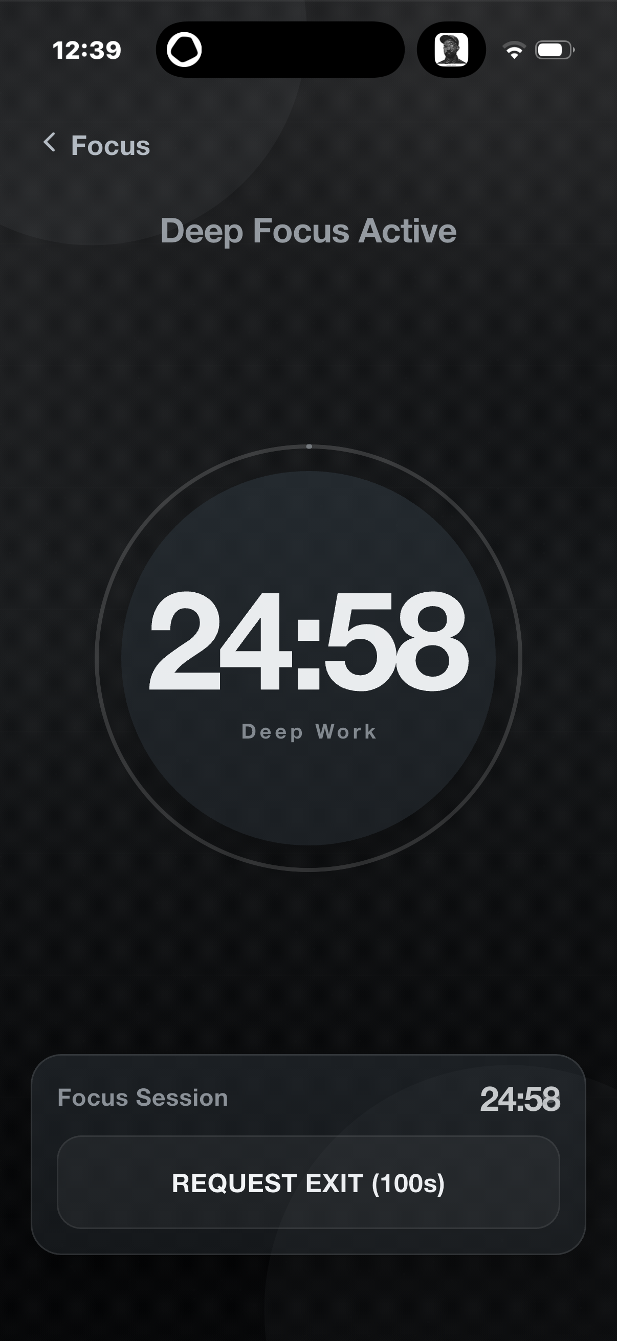 Deep Focus Active — 24:58 timer in deep work mode