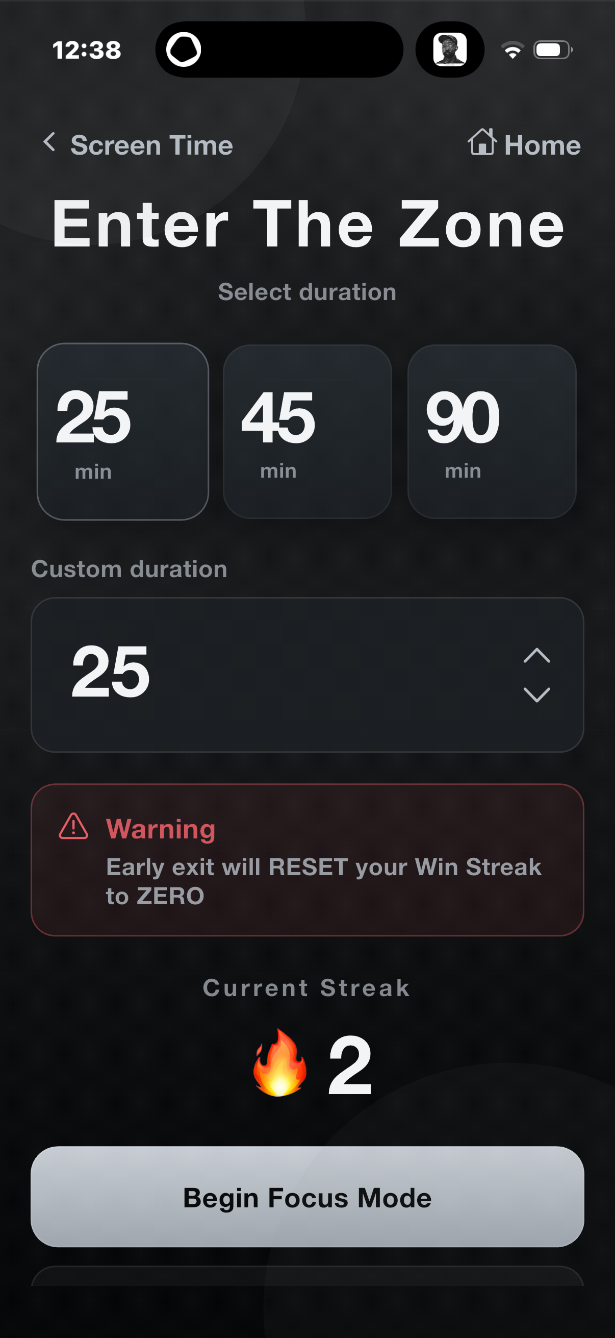 Enter The Zone — choose 25, 45, or 90 minutes for deep focus