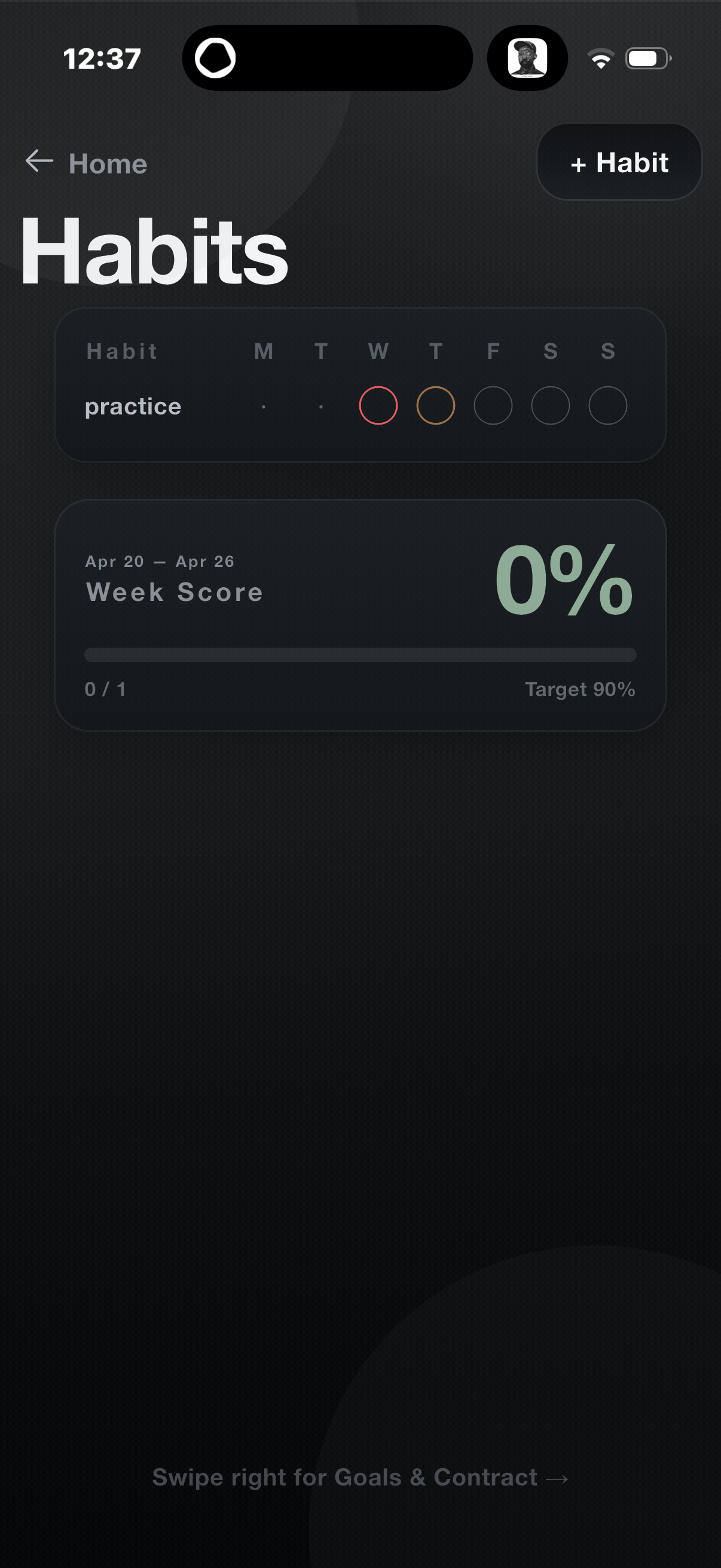 Weekly habit tracker showing practice habit with M T W T F S S row