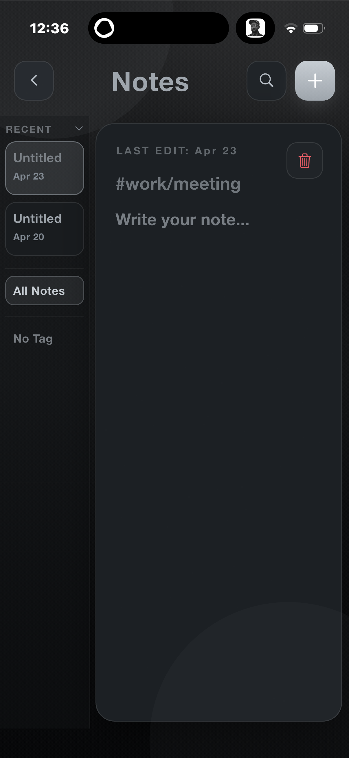 Notes interface with tagged note