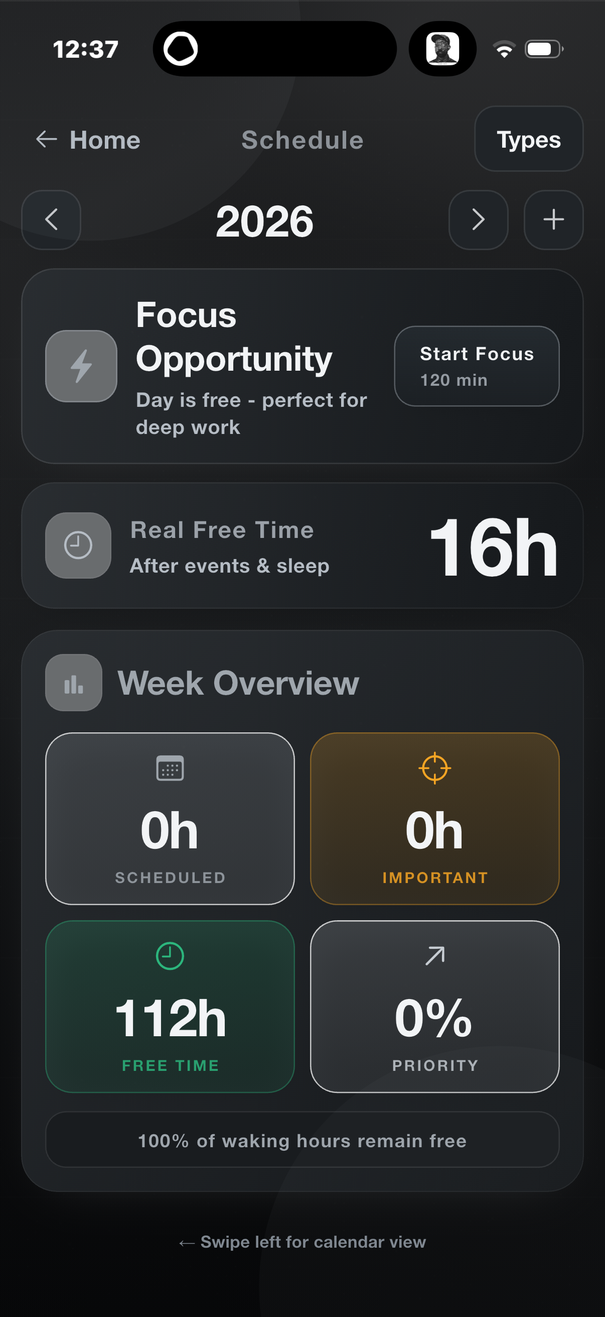Schedule view with Focus Opportunity and Week Overview