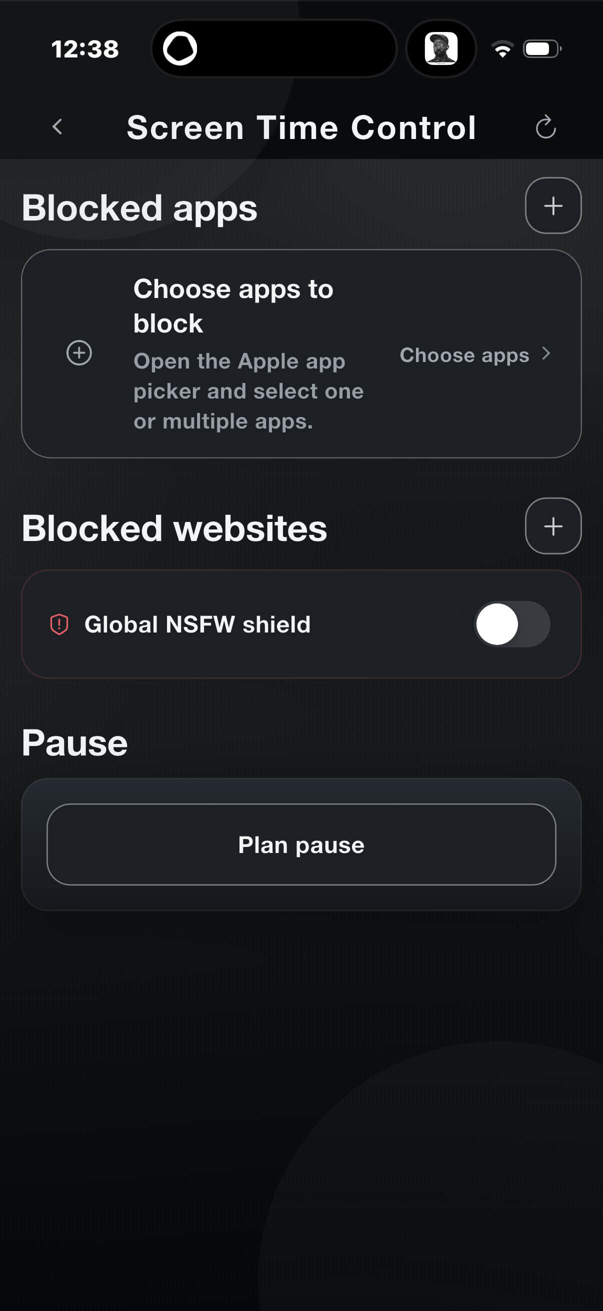 Screen Time Control — blocked apps, blocked websites, NSFW shield, pause