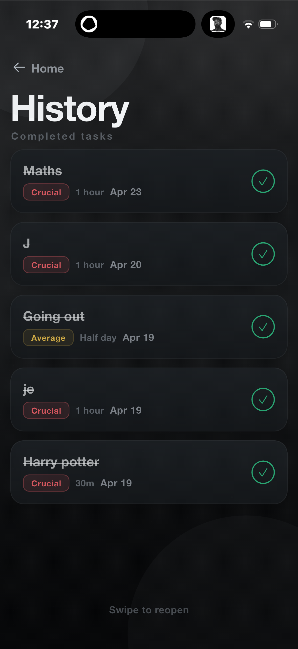 Task history with priority tags